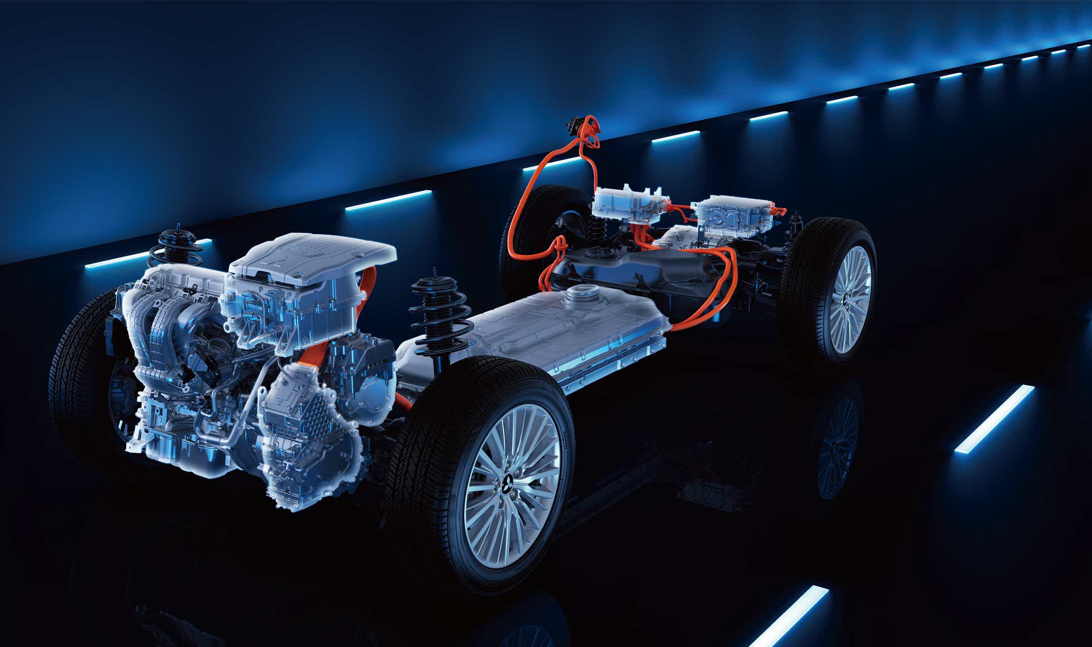Illustrasjon. Batteri, fremdriftsbatteri og motor på en Outlander PHEV